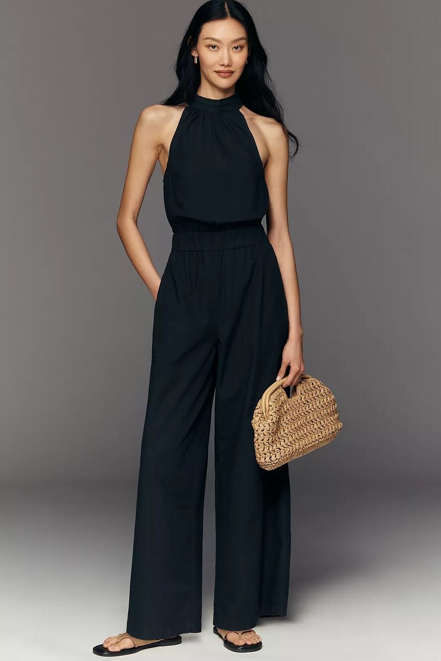 New Anthropologie Let Me Be CMS Cotton Halter Jumpsuit $168 SMALL Black